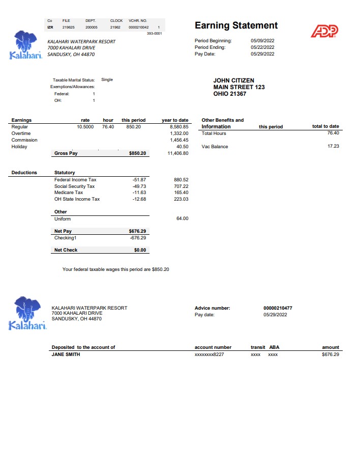 USA Ohio Kalahari Waterpark Resort utility bill template in Word and PDF format